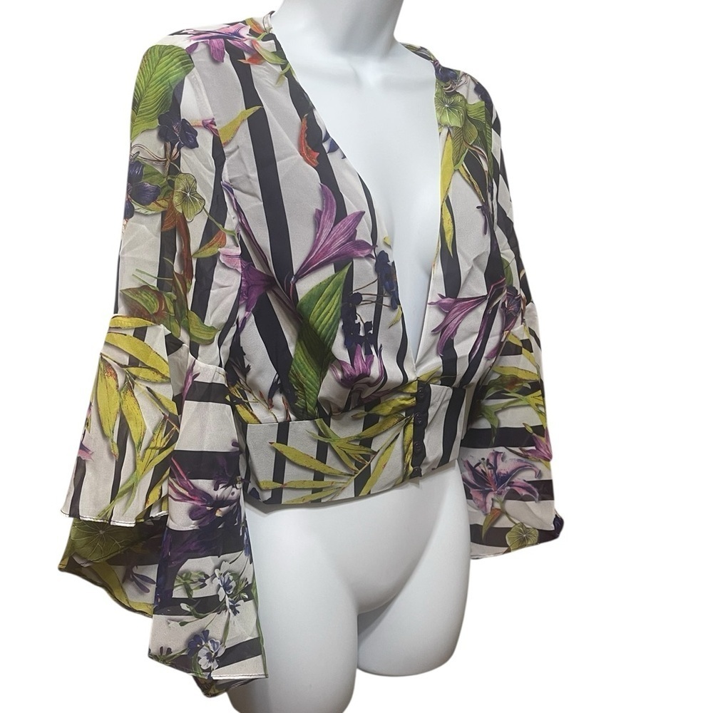 Women’s Purple White Tropical Artsy Gypsy Bell Sleeve Top L NWT